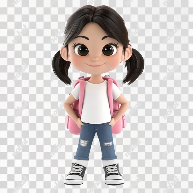 PNG 3D model of 8-year-old girl with dark brown hair and pink backpack