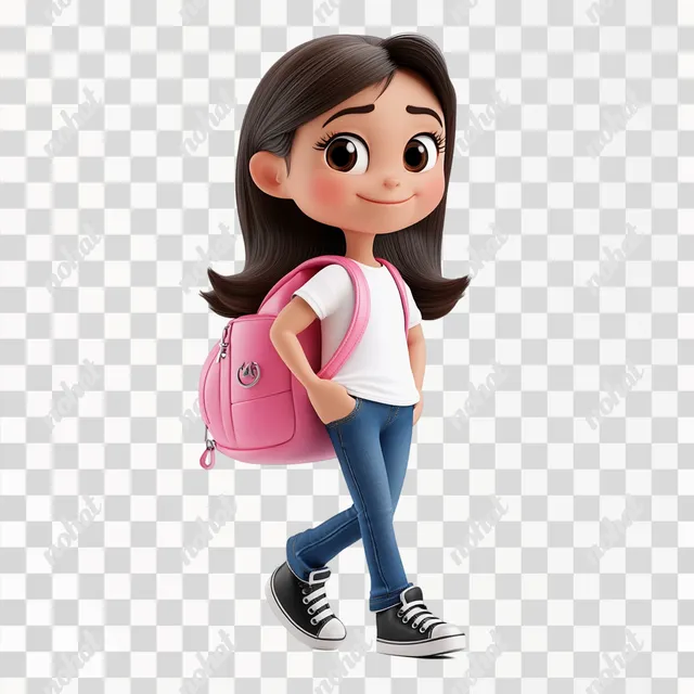 PNG 8-Year-Old Girl with Pink Backpack in Urban School Setting