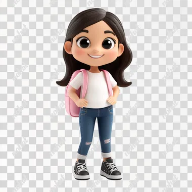 style 3D model of a girl of approximately 8 years old, dark brown hair, white t-shirt and jeans and black all star sneakers. He has a pink backpack on his back, he has a happy expression on the way to school, white background