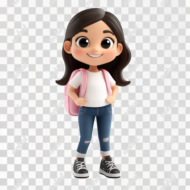 PNG 8-Year-Old Girl with Dark Brown Hair, Pink Backpack, Happy to School