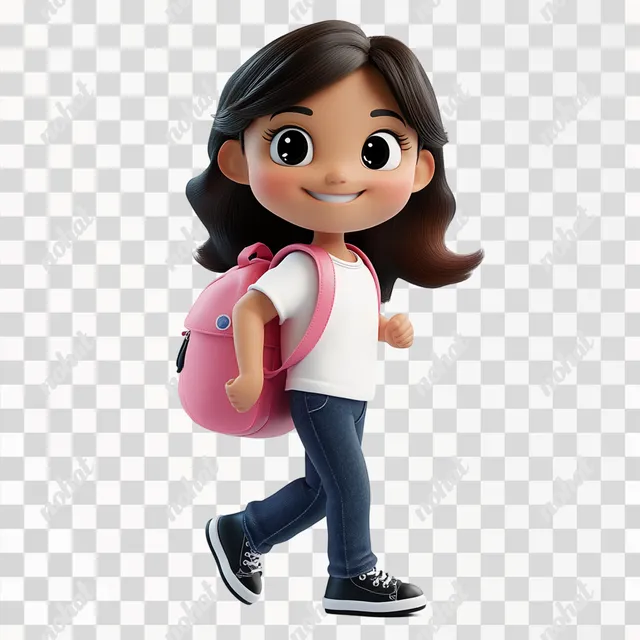 PNG 3D cartoon girl with pink backpack walking to school in urban area