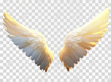 A pair of white angel wings on a black background, viewed from the front, with a 3D rendering effect. The wing edges have a subtle glow and the overall color tone is a warm golden yellow. It features high definition resolution and high detail. A bird's eye perspective creates an ethereal atmosphere with soft lighting and shadows. Soft light illuminates each feather in detail, showcasing a dreamy and mysterious style in the of an artist.