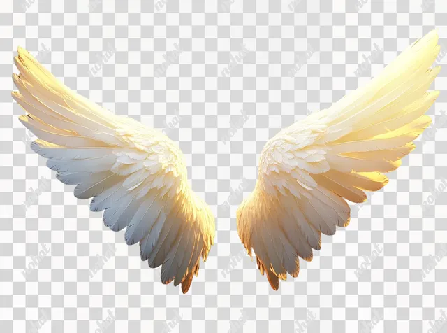 PNG White angel wings with golden glow in ethereal, dreamy 3D style
