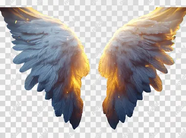 A pair of white angel wings on a black background, viewed from the front, with a 3D rendering effect. The wing edges have a subtle glow and the overall color tone is a warm golden yellow. It features high definition resolution and high detail. A bird's eye perspective creates an ethereal atmosphere with soft lighting and shadows. Soft light illuminates each feather in detail, showcasing a dreamy and mysterious style in the of an artist.
