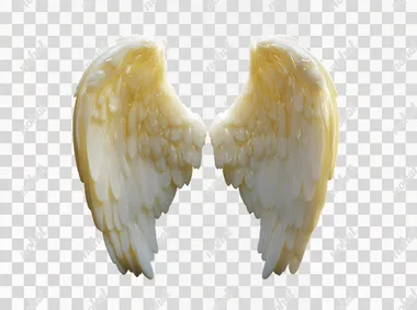 A pair of white angel wings on a black background, viewed from the front, with a 3D rendering effect. The wing edges have a subtle glow and the overall color tone is a warm golden yellow. It features high definition resolution and high detail. A bird's eye perspective creates an ethereal atmosphere with soft lighting and shadows. Soft light illuminates each feather in detail, showcasing a dreamy and mysterious style in the of an artist.