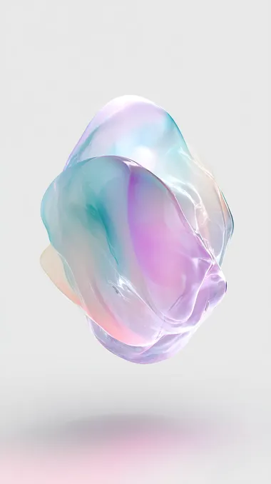 slightly translucent 3d blob floating in the air with pastel colors and a asymmetrical shape, perfectly white background wallpaper, no shadows