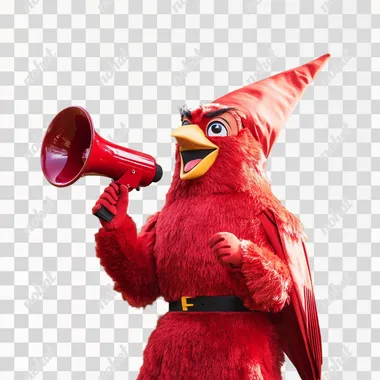 school cardinal mascott smiling with a megaphone