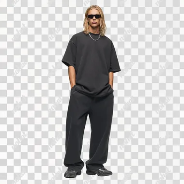 A blond male model with long hair wearing Oakley sunglasses and a washed out black t-shirt and matching wide-leg sweatpants, styled with sneakers in the style of Yeezy x Balenciaga for their spring/summer collection 2024. The outfit is displayed on an all-white background, highlighting the texture of the plush jersey material and soft fit lines. It's designed to be comfortable yet stylish, suitable for casual wear or indoor activities. rofile ravhoqa