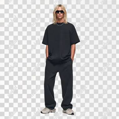A blond male model with long hair wearing Oakley sunglasses and a washed out black t-shirt and matching wide-leg sweatpants, styled with sneakers in the style of Yeezy x Balenciaga for their spring/summer collection 2024. The outfit is displayed on an all-white background, highlighting the texture of the plush jersey material and soft fit lines. It's designed to be comfortable yet stylish, suitable for casual wear or indoor activities. rofile ravhoqa