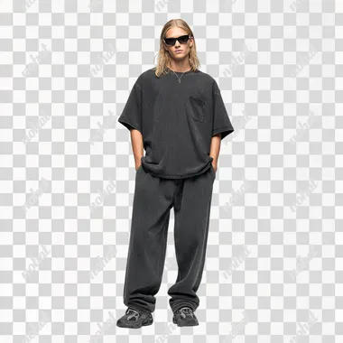 A blond male model with long hair wearing Oakley sunglasses and a washed out black t-shirt and matching wide-leg sweatpants, styled with sneakers in the style of Yeezy x Balenciaga for their spring/summer collection 2024. The outfit is displayed on an all-white background, highlighting the texture of the plush jersey material and soft fit lines. It's designed to be comfortable yet stylish, suitable for casual wear or indoor activities. rofile ravhoqa