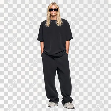 A blond male model with long hair wearing Oakley sunglasses and a washed out black t-shirt and matching wide-leg sweatpants, styled with sneakers in the style of Yeezy x Balenciaga for their spring/summer collection 2024. The outfit is displayed on an all-white background, highlighting the texture of the plush jersey material and soft fit lines. It's designed to be comfortable yet stylish, suitable for casual wear or indoor activities. rofile ravhoqa