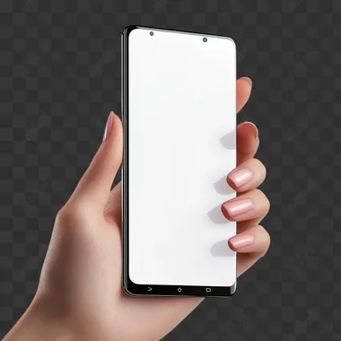 A photorealistic close-up of a woman's hand holding a smartphone with a blank screen, a stark white background, studio shot, Depth of Field, no logo