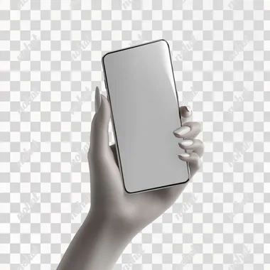 A photorealistic close-up of a woman's hand holding a smartphone with a blank screen, a stark white background, studio shot, Depth of Field, no logo