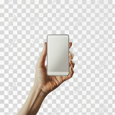 A photorealistic close-up of a woman's hand holding a smartphone with a blank screen, a stark white background, studio shot, Depth of Field, no logo
