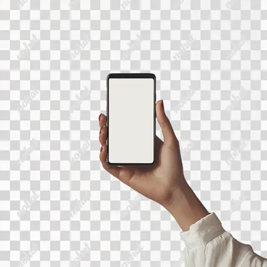 A photorealistic close-up of a woman's hand holding a smartphone with a blank screen, a stark white background, studio shot, Depth of Field, no logo