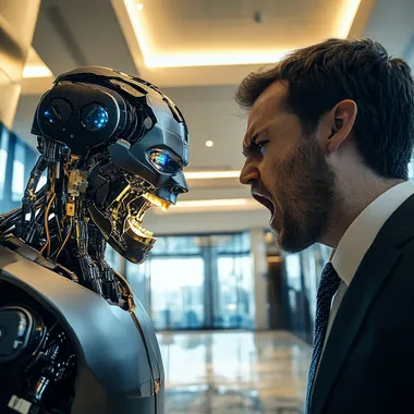 a corporate ceo in a yelling match face to face with a robot version of himself in a modern corporate lobby