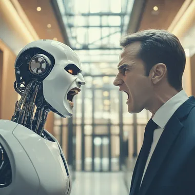 a corporate ceo in a yelling match face to face with a robot version of himself in a modern corporate lobby