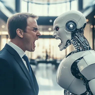 a corporate ceo in a yelling match face to face with a robot version of himself in a modern corporate lobby