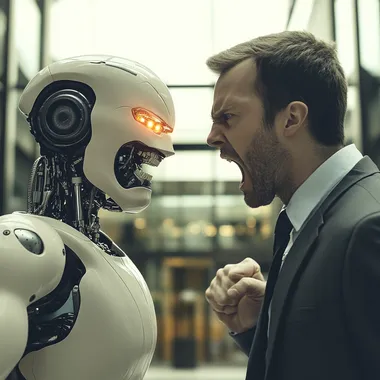 a corporate ceo in a yelling match face to face with a robot version of himself in a modern corporate lobby