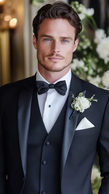 Portrait of a Handsome Bridegroom, A chiseled man with a clean-shaven face, blue eyes, dark wavy hair, donning a black tuxedo with a white pocket square, Wedding hall background