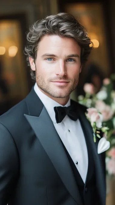 Portrait of a Handsome Bridegroom, A chiseled man with a clean-shaven face, blue eyes, dark wavy hair, donning a black tuxedo with a white pocket square, Wedding hall background
