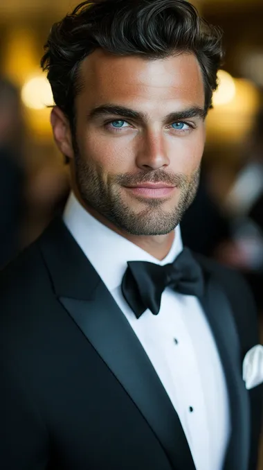 Portrait of a Handsome Bridegroom, A chiseled man with a clean-shaven face, blue eyes, dark wavy hair, donning a black tuxedo with a white pocket square, Wedding hall background