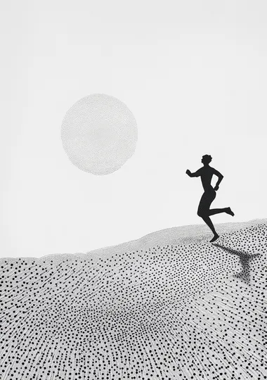 running, sunset, conceptual, style of pointillism with black ink on white paper   tree, color