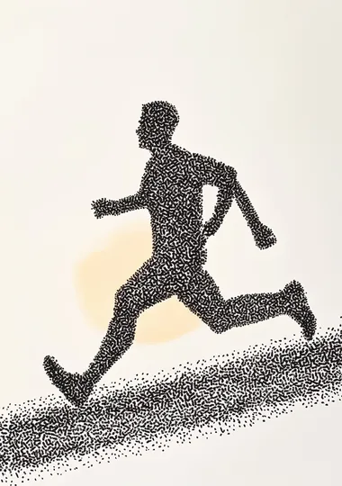 running, sunset, conceptual, style of pointillism with black ink on white paper   tree, color