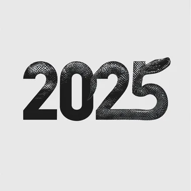 Create a simple black-and-white logo featuring the numbers "2025" with a minimalist snake design incorporated, clean lines, sleek and modern style, monochromatic, subtle snake elements intertwined with the numbers, bold yet elegant