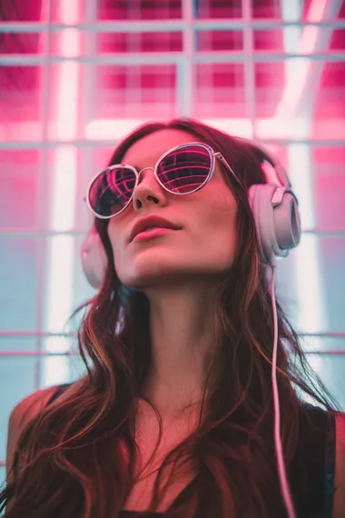 Flyer for a rave night featuring a young, fair-skinned woman, around 22 years old, with long brown hair, wearing sunglasses and white headphones, looking up. The background is a futuristic, neon-lit structure with a grid pattern, illuminated in vibrant pink.  --raw