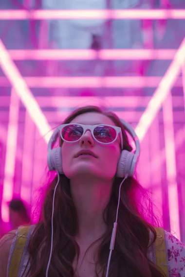 Flyer for a rave night featuring a young, fair-skinned woman, around 22 years old, with long brown hair, wearing sunglasses and white headphones, looking up. The background is a futuristic, neon-lit structure with a grid pattern, illuminated in vibrant pink.  --raw