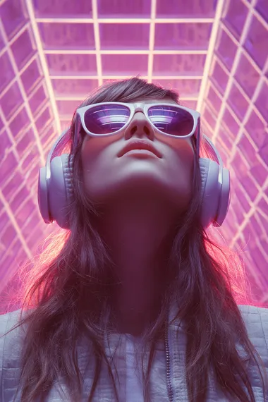 Flyer for a rave night featuring a young, fair-skinned woman, around 22 years old, with long brown hair, wearing sunglasses and white headphones, looking up. The background is a futuristic, neon-lit structure with a grid pattern, illuminated in vibrant pink.  --raw