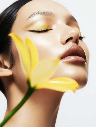 A close-up, side-profile portrait of a woman with her face softly lit, creating a smooth and natural glow. Her eye makeup features warm yellow eyeshadow blending into a smoky finish, and her lashes are long and defined. Her lips are slightly parted, with a soft, natural tone. The womans hair is styled with wet, sleek strands, including a distinctive curled lock that forms a perfect spiral on her cheek. In front of her face is a vibrant, textured yellow flower with delicate petals, creating a striking contrast against her skin. The background is clean and white. The image has a polished, editorial feel, combining elegance with artistic, minimalist styling, blur movement