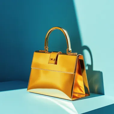 Minimalist golden handbag photography, podium, creative photography, brilliant effect, saturation, clear, natural light, blue background, fashion, luxury, hyperrealistic