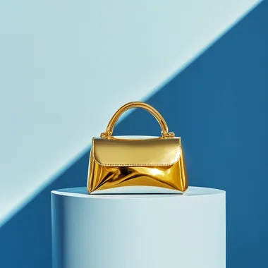 Minimalist golden handbag photography, podium, creative photography, brilliant effect, saturation, clear, natural light, blue background, fashion, luxury, hyperrealistic