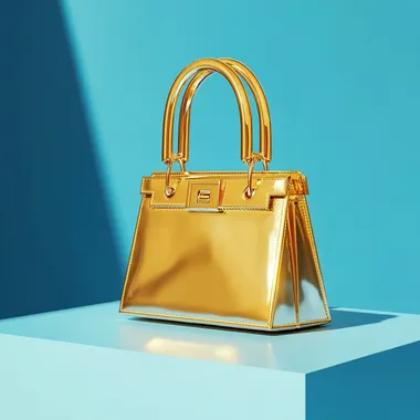 Minimalist golden handbag photography, podium, creative photography, brilliant effect, saturation, clear, natural light, blue background, fashion, luxury, hyperrealistic