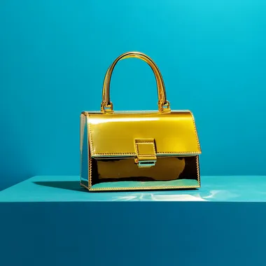 Minimalist golden handbag photography, podium, creative photography, brilliant effect, saturation, clear, natural light, blue background, fashion, luxury, hyperrealistic