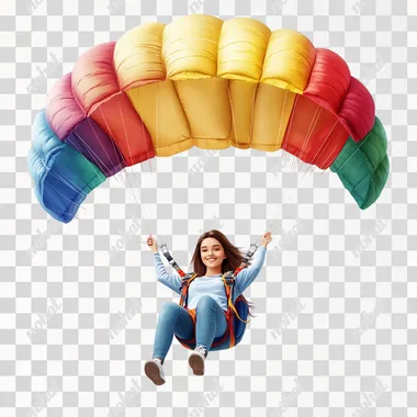 Photo realistic, girl with straight brown hair on colorful parachute on white background.