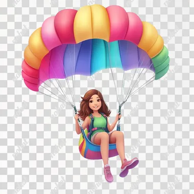 Photo realistic, girl with straight brown hair on colorful parachute on white background.