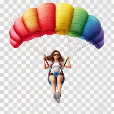 Photo realistic, girl with straight brown hair on colorful parachute on white background.