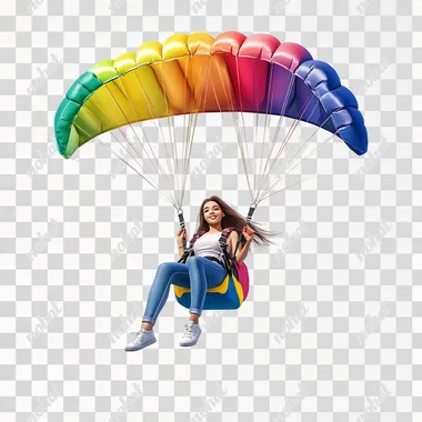 Photo realistic, girl with straight brown hair on colorful parachute on white background.