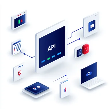 API Gateway: "API" as a gateway icon, with data flowing through it and into different systems (represented by devices or apps), visualizing the concept of API as a mediator for data and service requests  --s 750  bi5g16c