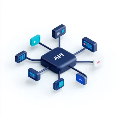 API Gateway: "API" as a gateway icon, with data flowing through it and into different systems (represented by devices or apps), visualizing the concept of API as a mediator for data and service requests  --s 750  bi5g16c