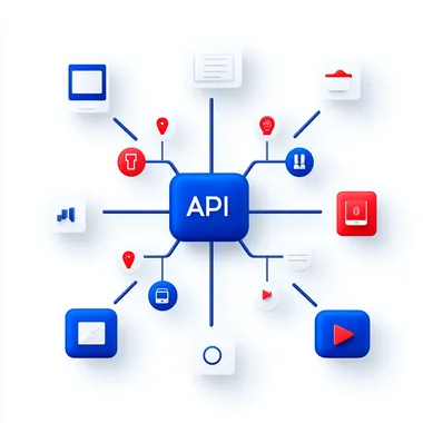 API Gateway: "API" as a gateway icon, with data flowing through it and into different systems (represented by devices or apps), visualizing the concept of API as a mediator for data and service requests  --s 750  bi5g16c