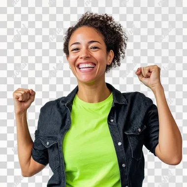 Happy Brazilian woman celebrating with serrated hand big smile lime green t-shirt with black denim shirt is slightly leaning in profile white background American flat studio photo