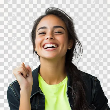 Happy Brazilian woman celebrating with serrated hand big smile lime green t-shirt with black denim shirt is slightly leaning in profile white background American flat studio photo