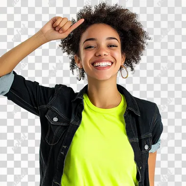 Happy Brazilian woman celebrating with serrated hand big smile lime green t-shirt with black denim shirt is slightly leaning in profile white background American flat studio photo