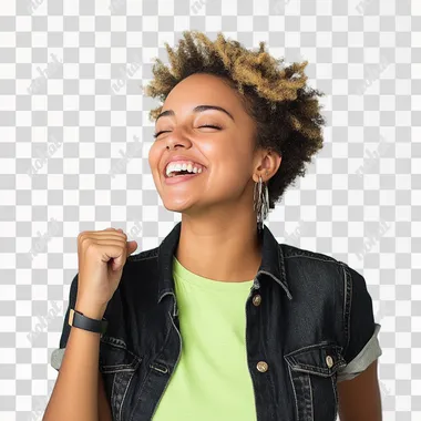 Happy Brazilian woman celebrating with serrated hand big smile lime green t-shirt with black denim shirt is slightly leaning in profile white background American flat studio photo
