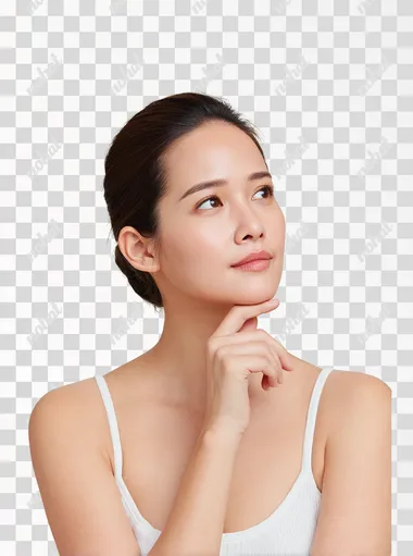 A beautiful Korean female model asking herself a question, questioning gaze, she is wondering what type of skin she has. She has sleek pulled back hair and is wearing a white top. set against a clean light ivory background. The overall style is minimalistic, modern, and elegant. 4k, professional photo, super realistic skin  rofile eg24e2j