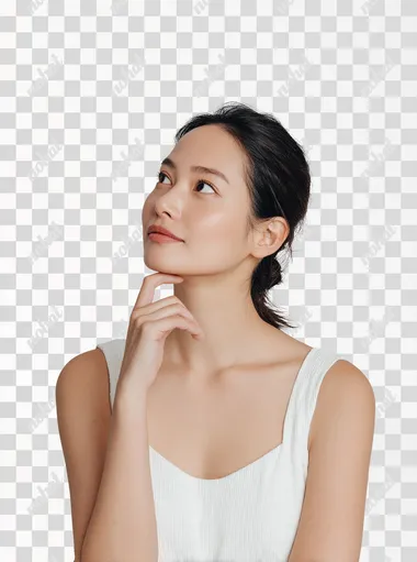 A beautiful Korean female model asking herself a question, questioning gaze, she is wondering what type of skin she has. She has sleek pulled back hair and is wearing a white top. set against a clean light ivory background. The overall style is minimalistic, modern, and elegant. 4k, professional photo, super realistic skin  rofile eg24e2j